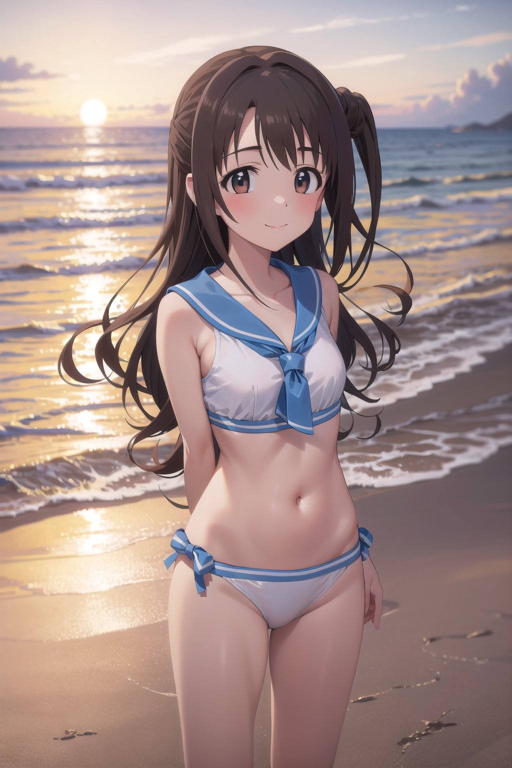 ((masterpiece, high quality, better lighting, absurdres, best quality, illustration)), (((pixel-perfect, detail-perfect))),
looking at viewer,
(1girl, solo), smile, closed mouth, (cute, kawaii), cute, Uzuki shimamura, hair wind, beach, sunset, bright,imas_sailor_bikini, striped, thighs, (standing, knees together), (arms behind back)