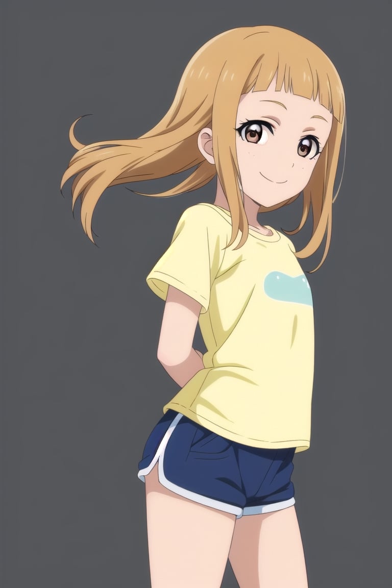 ((masterpiece, high quality, better lighting, absurdres, best quality, illustration, ultra-detailed)), (cute, kawaii), (1girl, solo),
smile, closed mouth,
looking at viewer,
Ichihara Nina, (LLChar), slightly dark blonde hair, blonde eyes,
(orange t-shirt, dark blue short shorts,
arms behind back,
(simple background:1.5),dolphin shorts