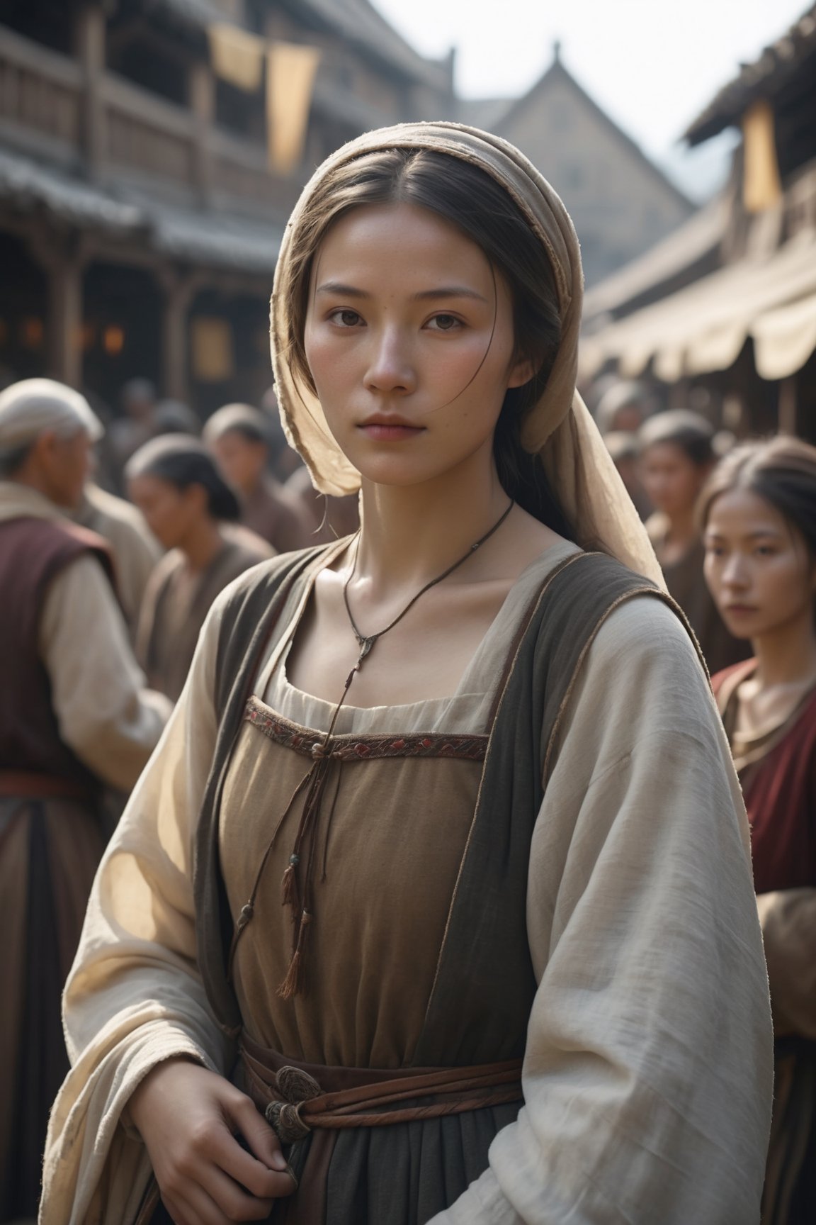 A medieval peasant girl in a crowded medieval marketplace, ultra high quality, real image, realistic, real-life skin, dynamic lighting, cinematic, (hyperrealism:1.2), (8K UHD:1.2), (photorealistic:1.2), shot with Canon EOS 5D Mark IV,FFIXBG,horror
,chinese girls