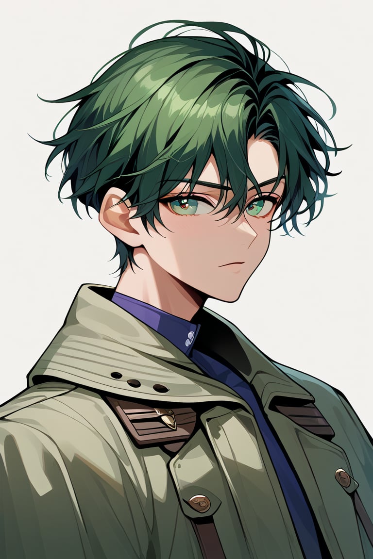 1boy, single, sole_male, black_hair, short hair, black_eyes, green clothes, black trenchcoat, prosthetic_eye, upper_body, fierce, detailed, detailed_face, detailed_eyes, high resolution, bold, korean Manhwa art style, Detailedface,jaeggernawt,manhwa