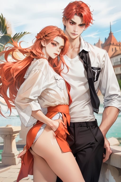 Couple of a corean man with black hair and a Real girl for VROID, light red hair, long hair, white shirt, grey skirt, pocket,edgSDress