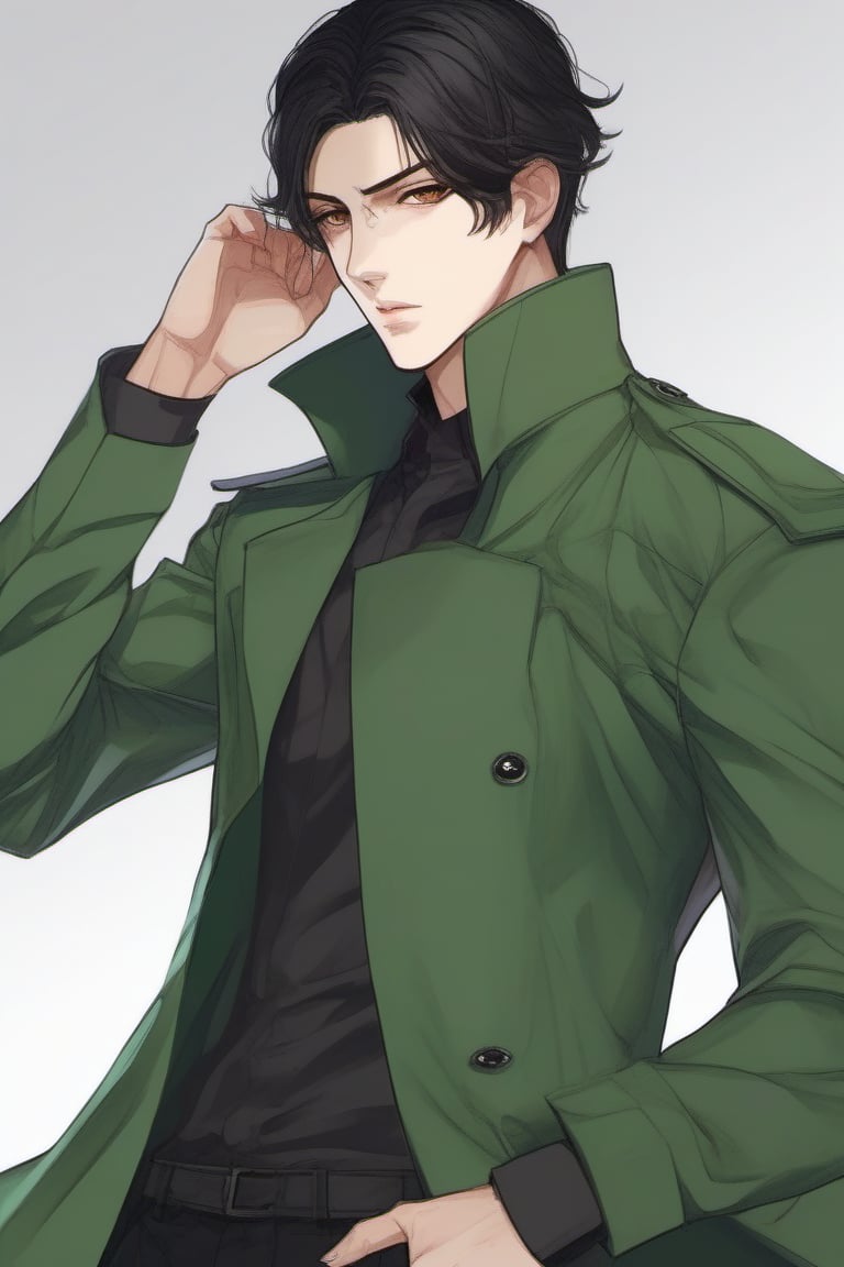 1boy, single, sole_male, black_hair, short hair, blavk_eyes, green clothes, black trenchcoat, prosthetic_eye, upper_body, fierce, detailed, detailed_face, detailed_eyes, high resolution, bold, korean Manhwa art style, Detailedface,jaeggernawt