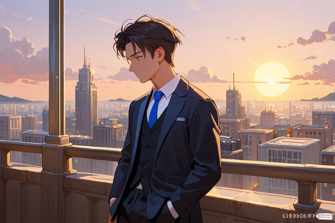 score_9, score_8_up, score_7_up, score_6_up, score_5_up, score_4_up,

a man black hair, sexy guy, standing on the balcony of a building,city, modern city, night,looking at the front building, wearing a suit, sexy pose,leaning on the railing, hetero, black clothes,brown_hair, image far from here, crepusculo_sky(picture window) sun, sky, long_sleeves, perfect hands, cityscape, detailed face,jaeggernawt,girlnohead
