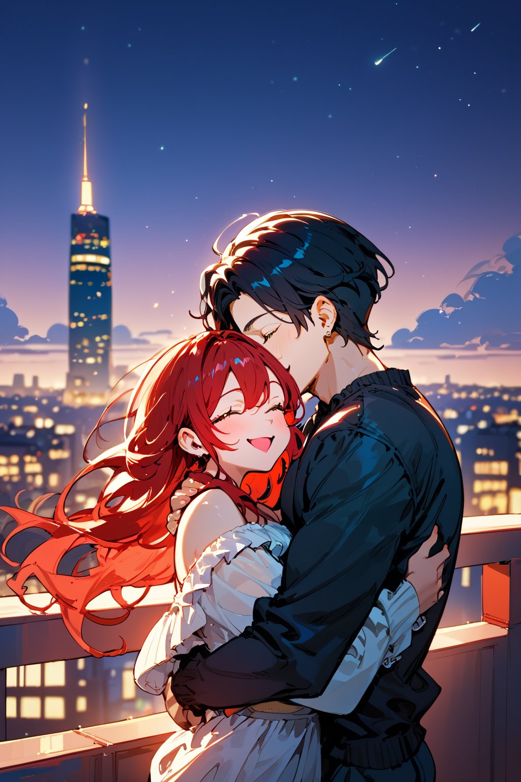 Score_9, Score_8_up, Score_7_up, Score_6_up, Score_5_up, Score_4_up,1girl (red hair), long_hair, hug, night, 1boy (black hair), Man_hugs_girl_from_behind, shirt, hetero, looking_at_viewer, brown_hair, night_sky, couple, sky, long_sleeves, cityscape,jaeggernawt,2b-Eimi