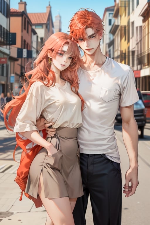 Couple of a corean man and a Real girl for VROID, light red hair, long hair, white shirt, grey skirt, pocket,edgSDress