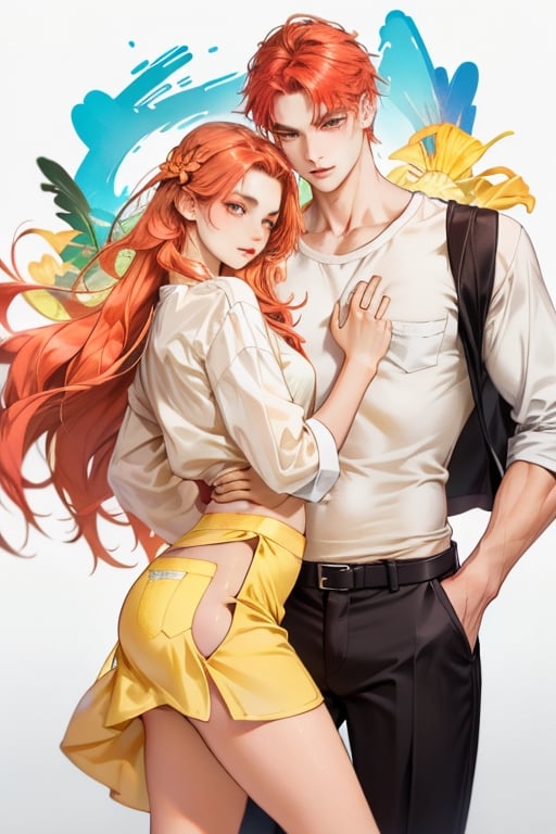 Couple of a corean man and a Real girl for VROID, light red hair, long hair, white shirt, yellow skirt, pocket,edgSDress