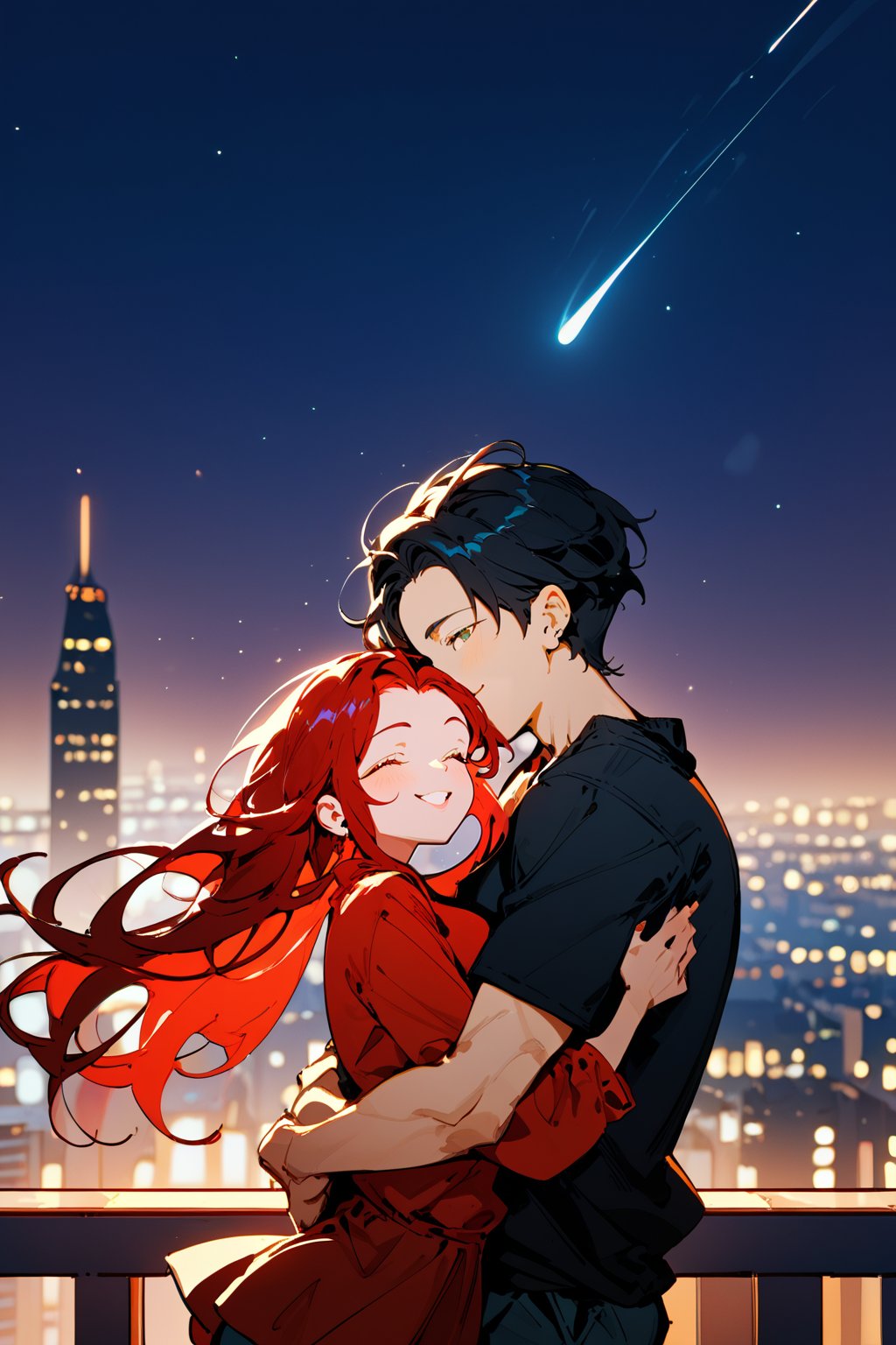 Score_9, Score_8_up, Score_7_up, Score_6_up, Score_5_up, Score_4_up,1girl (red hair), long_hair, hug, night, 1boy (black hair), Man_hugs_girl_from_behind, shirt, hetero, looking_at_viewer, brown_hair, night_sky, couple, sky, long_sleeves, cityscape,jaeggernawt