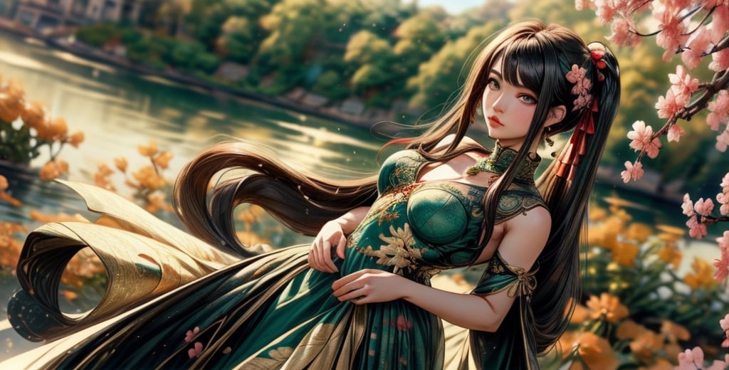 A woman with very long black ponytail and medium size breast standing in a green and red satin Qipao. She is emitting a pink aura. Hyper realistic. Blue eyes. Panaromic angle. Cherry blossoms on river bank in the background. Asian girl. pov_contact,suzuna,RING