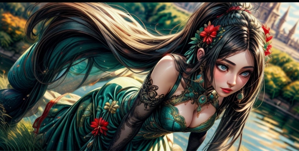 A woman with very long black ponytail and medium size breast standing in a green and red satin Qipao. Hyper realistic. Blue eyes. Panaromic angle. Fantasy world with herry blossoms on river bank in the background. Asian girl. pov_contact,suzuna,RING