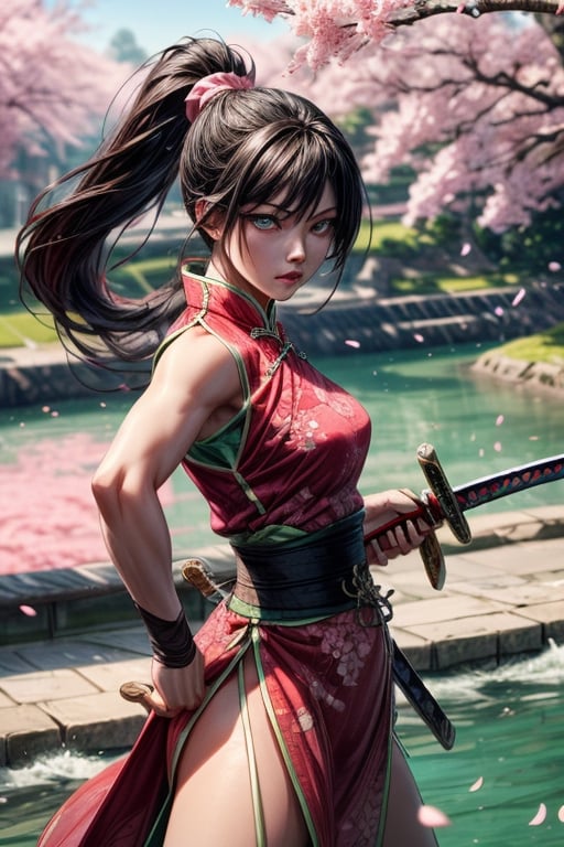 A woman with long black ponytail standing in a green and pink chinese clothing with fierece eyes with pink aura. ((Unsheating her sword from her right side in a attack stance.)) Hyper realistic. Blue eyes. Panaromic angle. Cherry blossoms on river bank in the background. Asian girl.