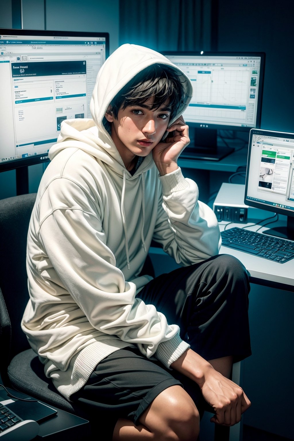 An adult boy wearing white hoodie over his head , looking at computer screen , sitting in a room full of computer , and on computer screens trading charts open , green ambience, dark room full body image 