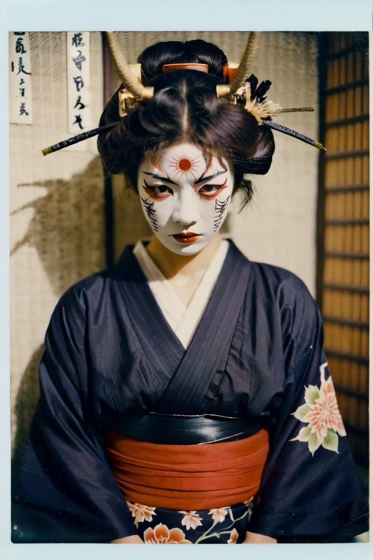 portrait of a japanese girl, polaroid,film, graininess, ANGRY, kimono, wearing hannya mask.