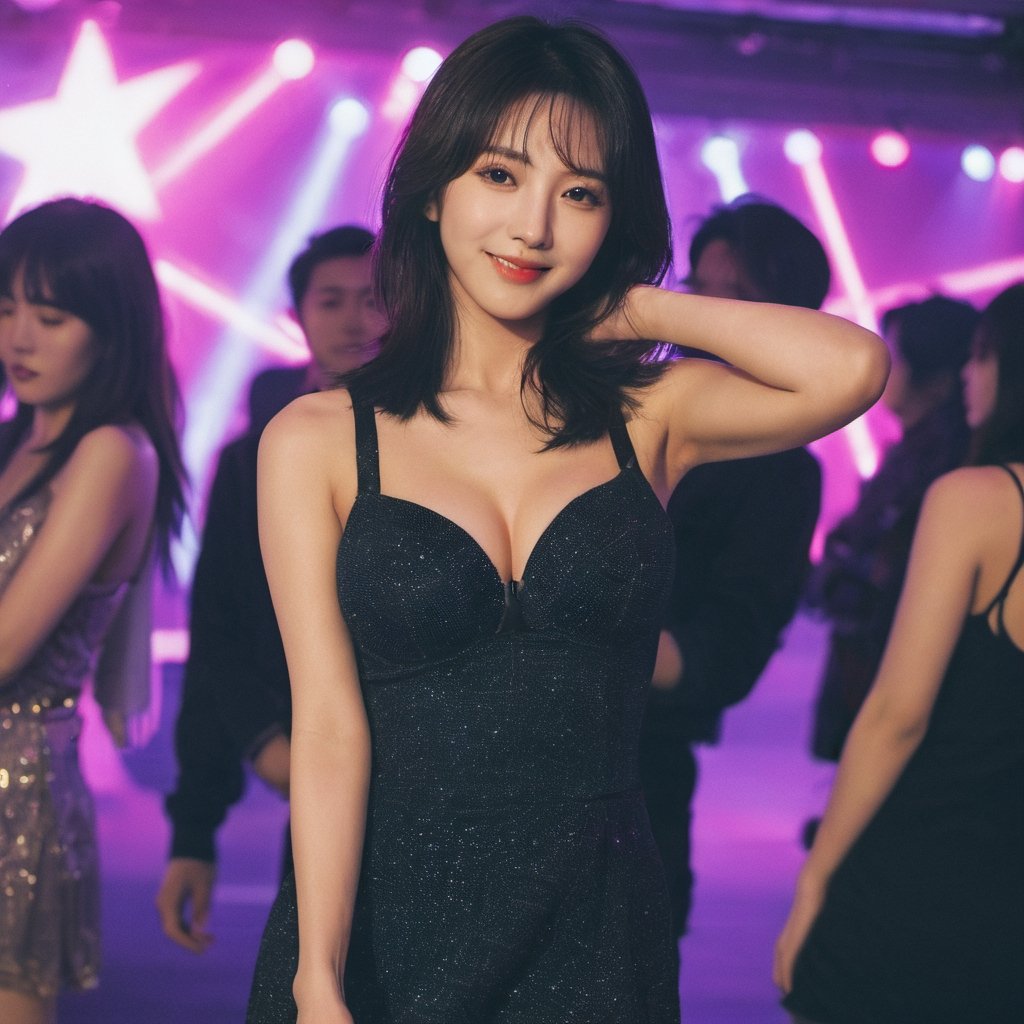 xxmixgirl,  realstic,  bright white skin busty fit Korean idol dancing in a dark dance club background,  K-pop idol face,  smile, clubbing clothings,  cleavage,  wide_hip