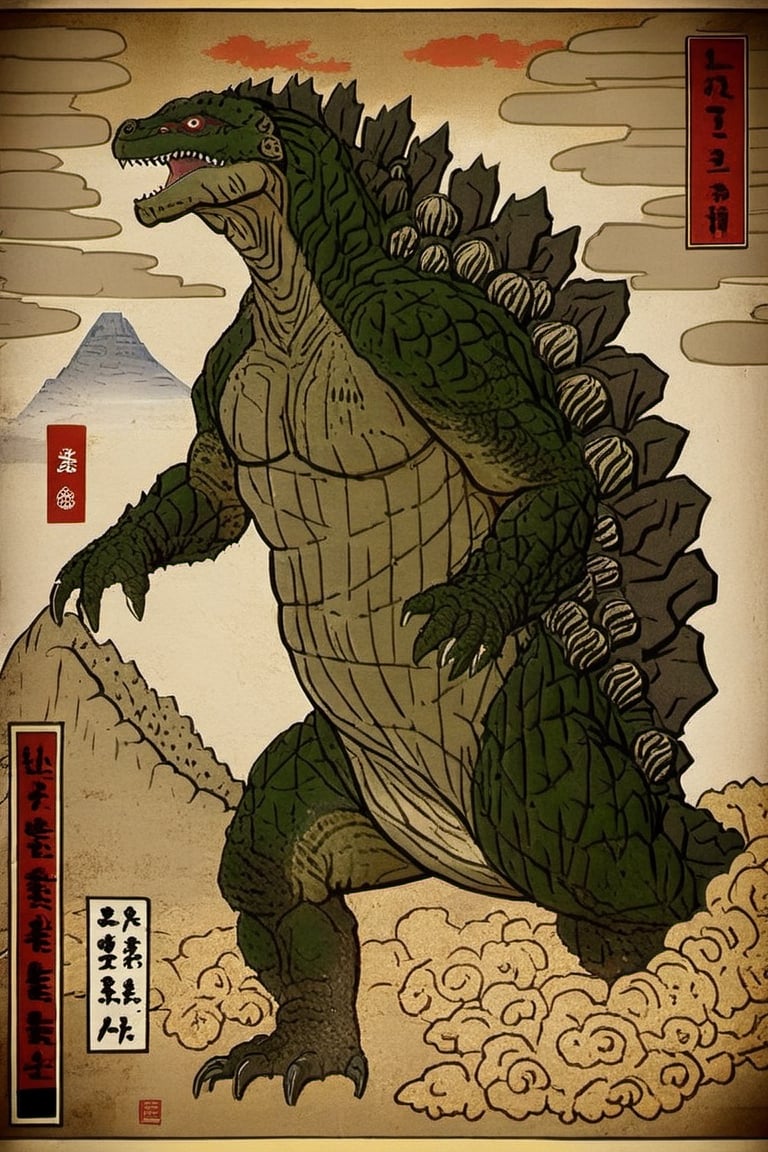 This illustration depicts a creature resembling Godzilla, deeply influenced by traditional Japanese aesthetics, especially the Ukiyo-e art style. Godzilla's overall colors and details are very refined. The aged and textured background mimics old parchment or scrolls, enhancing the Ukiyo-e ambiance. This fusion of classical and futuristic elements showcases a harmonious blend of the past with the future.