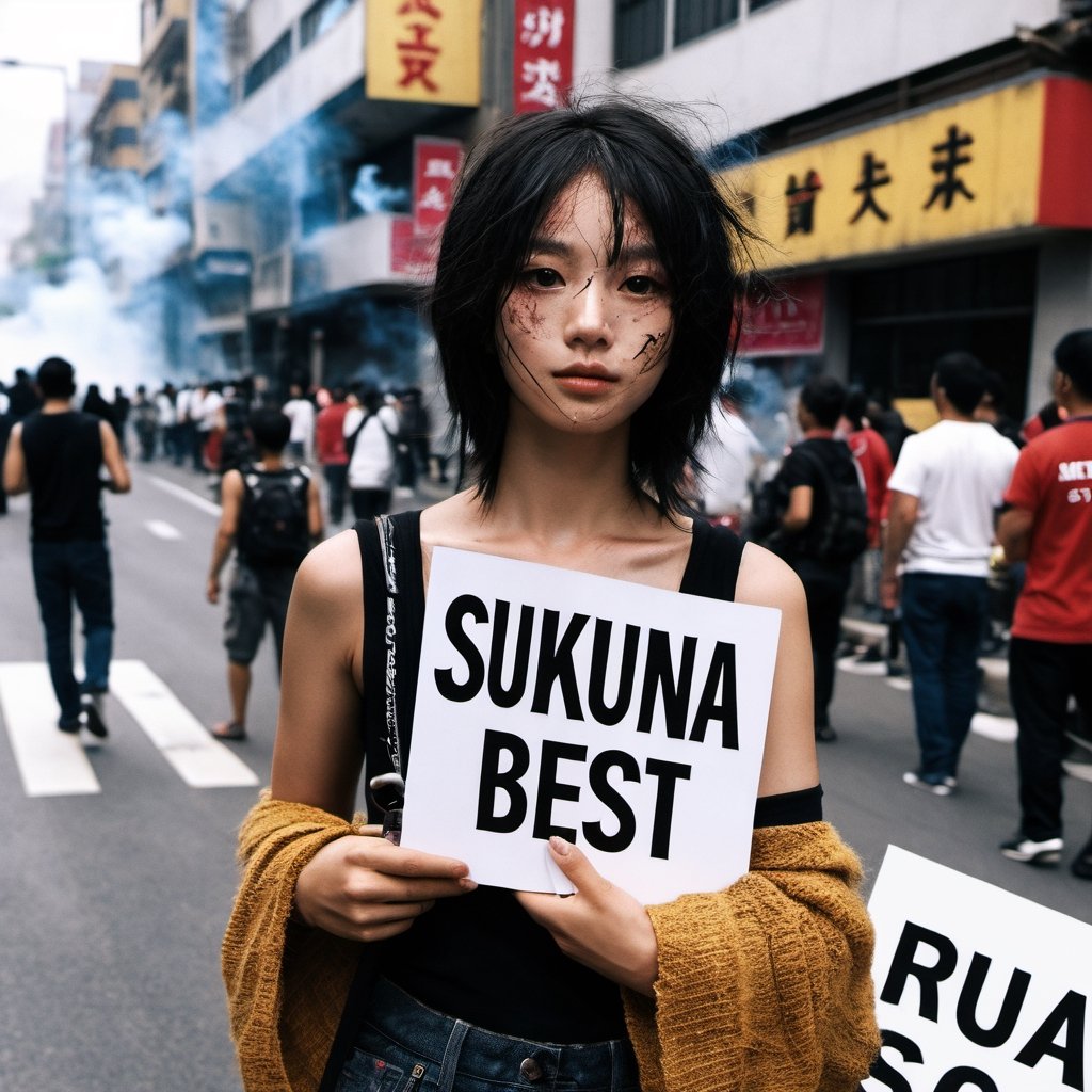 A 27 yo protester, photorealistic, award winning beautiful face, background in a messy protesting street with tear gas smokes, holding a sign:("sukuna is the best"), cute, best quality, xxmixgirl, focus on eyes, 