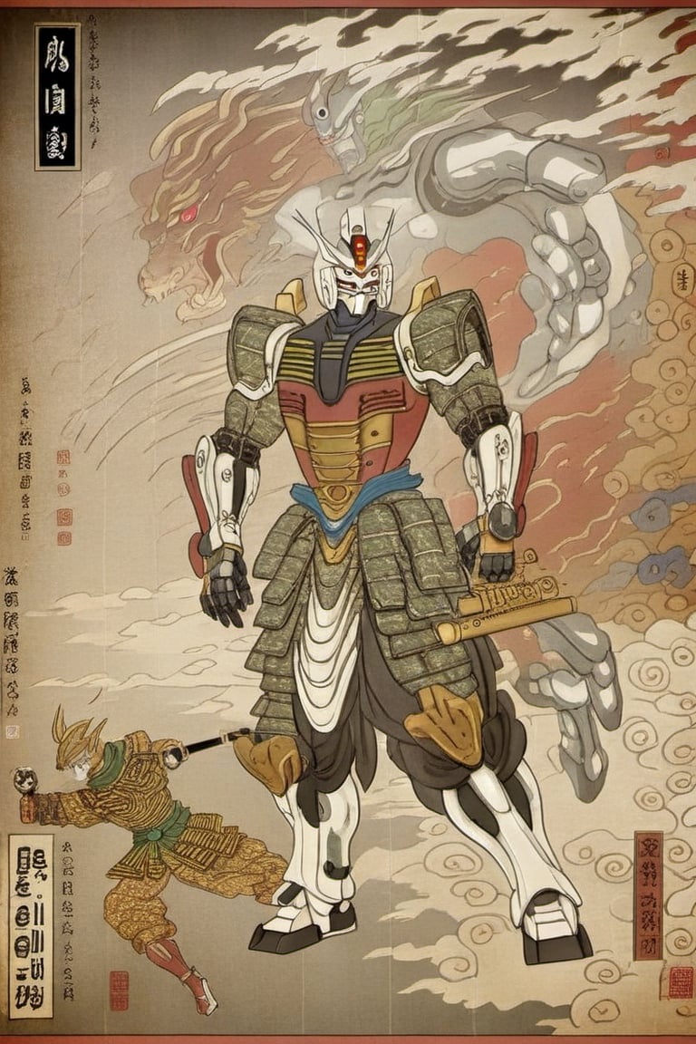 he illustration depicts a robot resembling a Gundam, yet it is profoundly influenced by traditional Japanese aesthetics, specifically the Ukiyo-e art style. The robot is adorned with intricate patterns, embellishments, and trinkets reminiscent of samurai armor. The overall colors and detailing are very refined. The aged and textured backdrop mimics old parchment or scrolls, amplifying the Ukiyo-e ambiance. This fusion of classical and futuristic elements showcases a harmonious blend of the past with the future. 