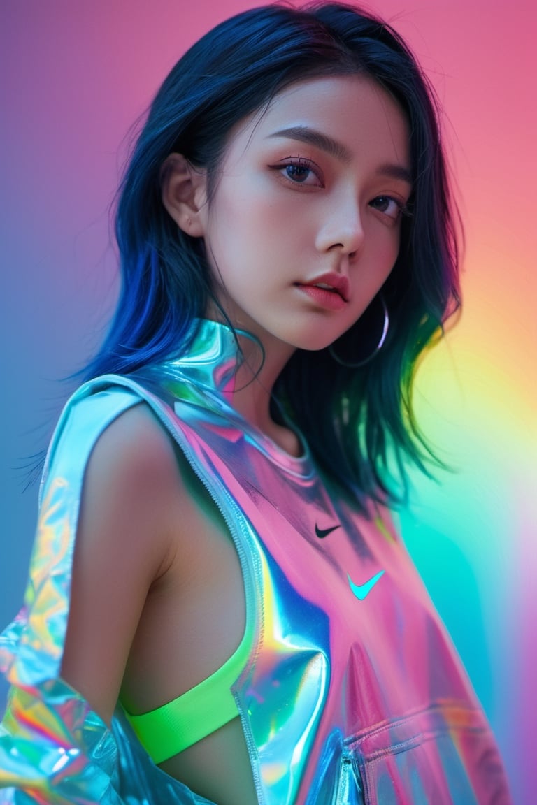 xxmixgirl, blue neon lights, somber expression, photorealistic, hyperdetailed, hyperrealism, op en eyes, cinematic, full body
flowing rainbow colored holographic background. Keywords: nike,  holographic,  iridescent,  vaporwave,  fluid., 