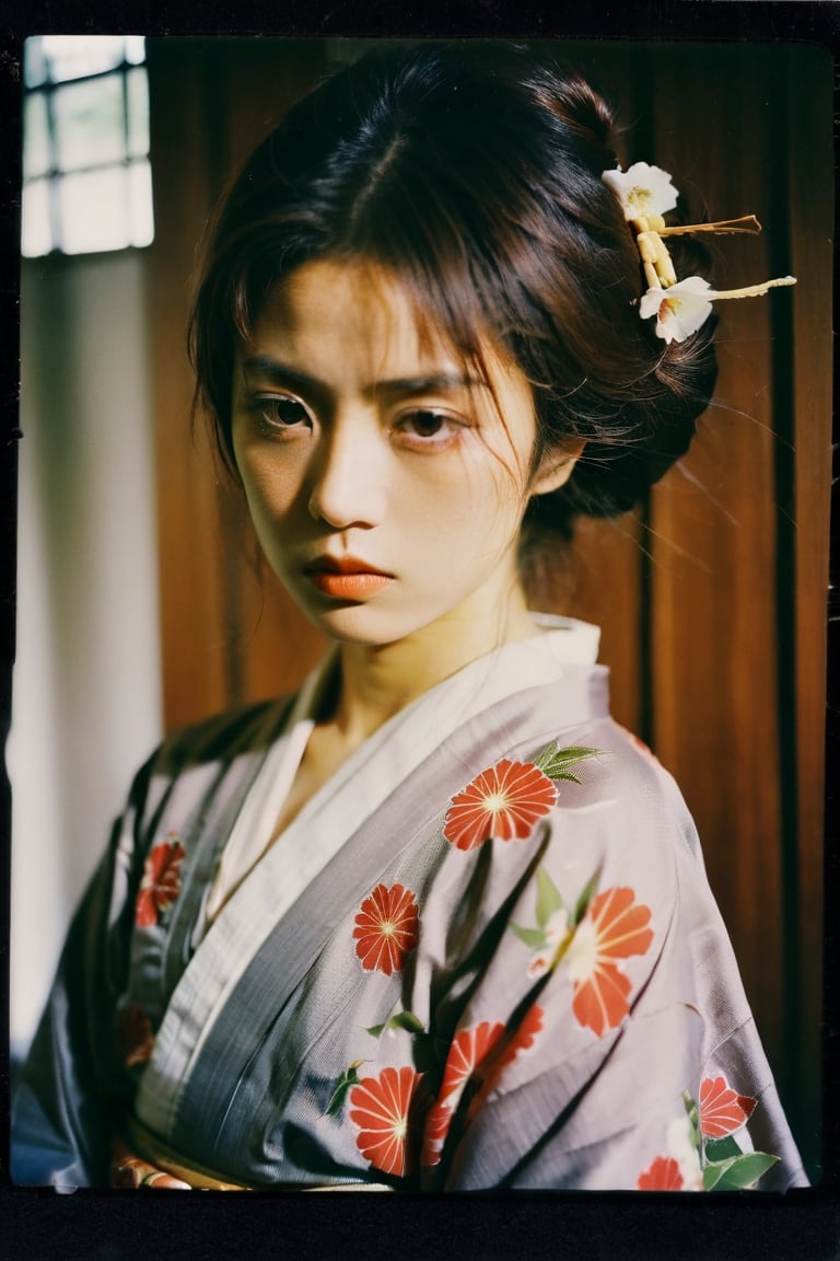 portrait of a japanese girl, polaroid,film, graininess, ANGRY, kimono