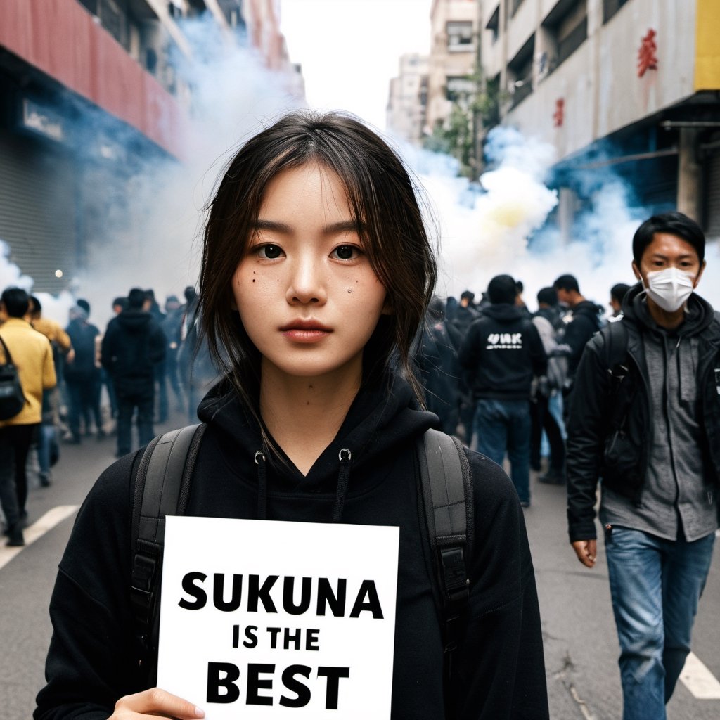 A 27 yo protester, photorealistic, award winning beautiful face, background in a messy protesting street with tear gas smokes, holding a sign:("sukuna is the best"), cute, best quality, xxmixgirl, focus on eyes, 