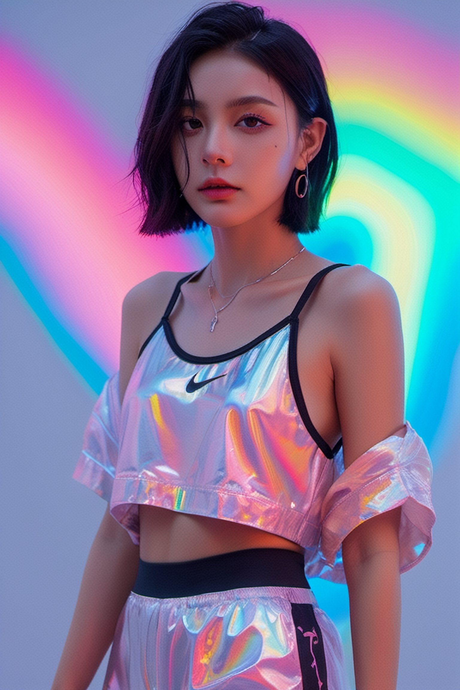 xxmixgirl, blue neon lights, somber expression, photorealistic, hyperdetailed, hyperrealism, open eyes, cinematic, full body
flowing rainbow colored holographic beach background. Keywords: nike,  holographic,  iridescent,  vaporwave,  fluid., 