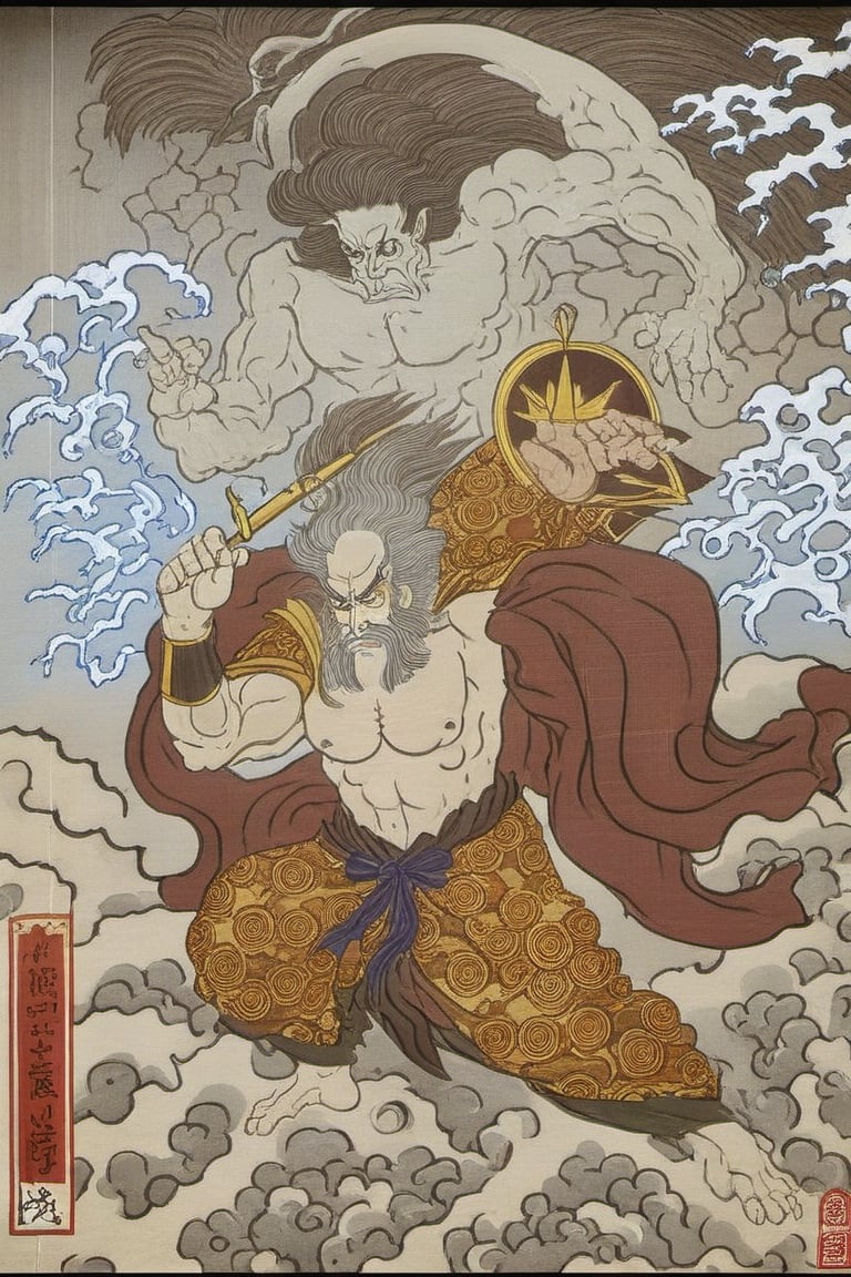 The illustration showcases Zeus, the king of the gods, rendered in the delicate and detailed aesthetics of Ukiyo-e art style. His majestic figure is adorned with ornate garments, richly decorated with traditional Japanese patterns. His posture is commanding, holding a lightning bolt – his iconic symbol – which is intricately detailed to resemble a fusion of classical Greek mythology and traditional Japanese craftsmanship. The backdrop is reminiscent of old parchment, enhancing the Ukiyo-e ambiance. His expression is stern and authoritative, befitting his status as the ruler of gods, yet the overall detailing and colors are deeply rooted in the grace of Ukiyo-e artistry. This representation is a harmonious blend of ancient Greek lore and traditional Japanese art, portraying Zeus in a never-before-seen avatar,  