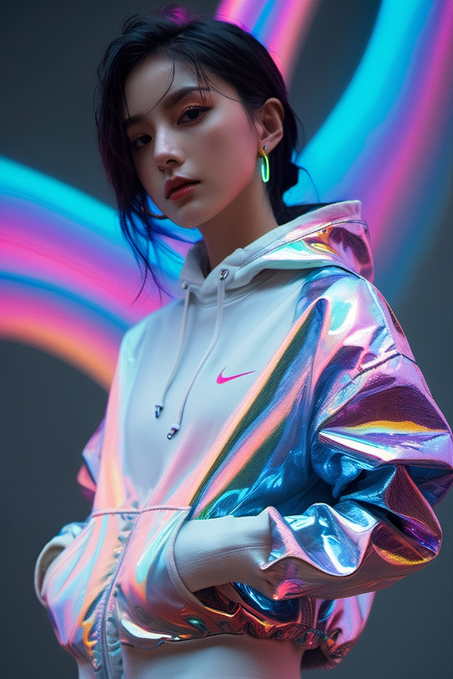 xxmixgirl, blue neon lights, somber expression, photorealistic, hyperdetailed, hyperrealism, op en eyes, cinematic, full body
flowing rainbow colored holographic background. Keywords: nike,  holographic,  iridescent,  vaporwave,  fluid., 