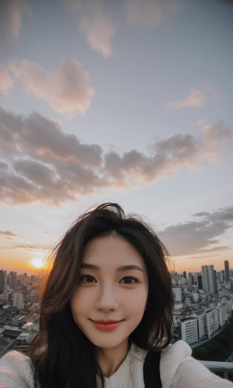 xxmixgirl,1girl, Asian girl, fisheye, taking selfie with one hand, , messy hair, sunset, cityscape, Random Europe or Japan city background, (aesthetics and atmosphere:1.2), gray hair,smiling,FilmGirl