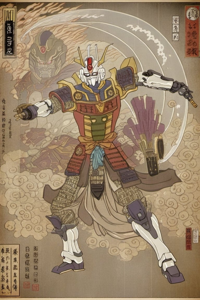 he illustration depicts a robot resembling a Gundam, yet it is profoundly influenced by traditional Japanese aesthetics, specifically the Ukiyo-e art style. The robot is adorned with intricate patterns, embellishments, and trinkets reminiscent of samurai armor. The overall colors and detailing are very refined. The aged and textured backdrop mimics old parchment or scrolls, amplifying the Ukiyo-e ambiance. This fusion of classical and futuristic elements showcases a harmonious blend of the past with the future. 