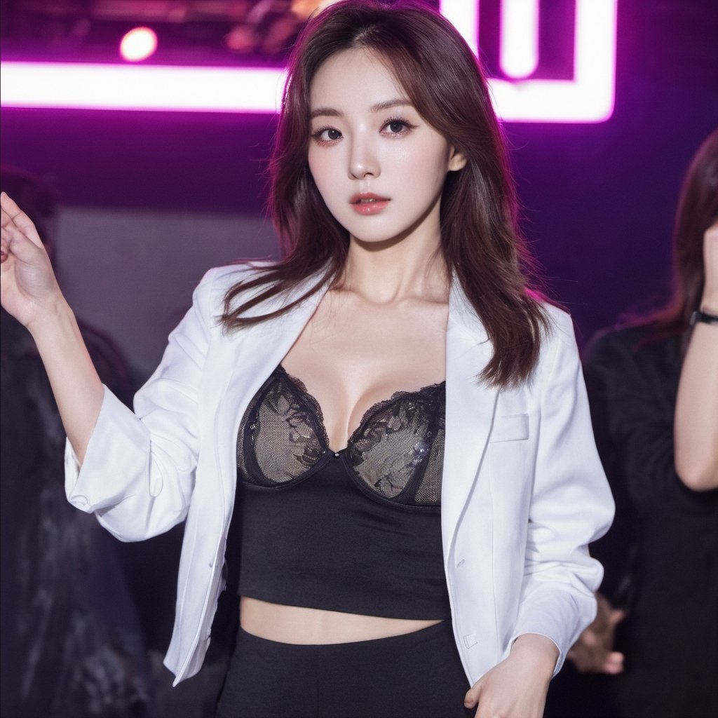 xxmixgirl,  realstic,  bright white skin busty fit Korean idol dancing in a dark dance club background,  K-pop idol face,  clubbing clothings,  cleavage,  wide_hip