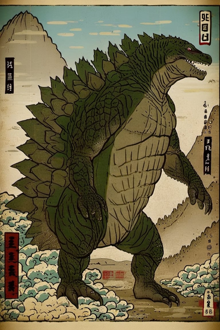 This illustration depicts a creature resembling Godzilla, deeply influenced by traditional Japanese aesthetics, especially the Ukiyo-e art style. Godzilla's overall colors and details are very refined. The aged and textured background mimics old parchment or scrolls, enhancing the Ukiyo-e ambiance. This fusion of classical and futuristic elements showcases a harmonious blend of the past with the future.