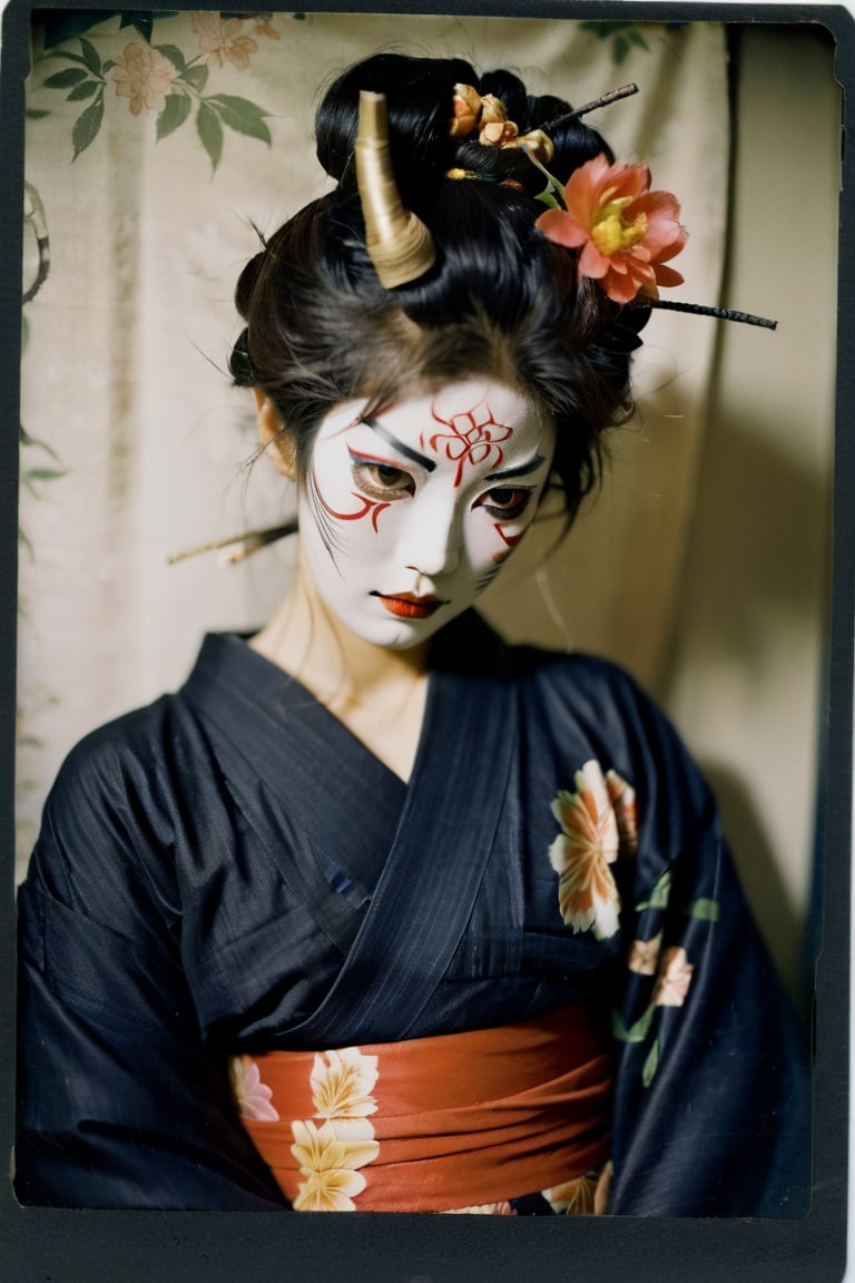 portrait of a japanese girl, polaroid,film, graininess, ANGRY, kimono, wearing hannya mask.