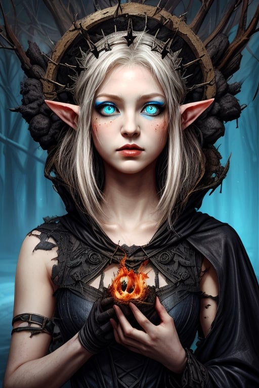 lady elf, black soot covered hands, tattered dirty white dress, thorn crown, blue flaming eyes