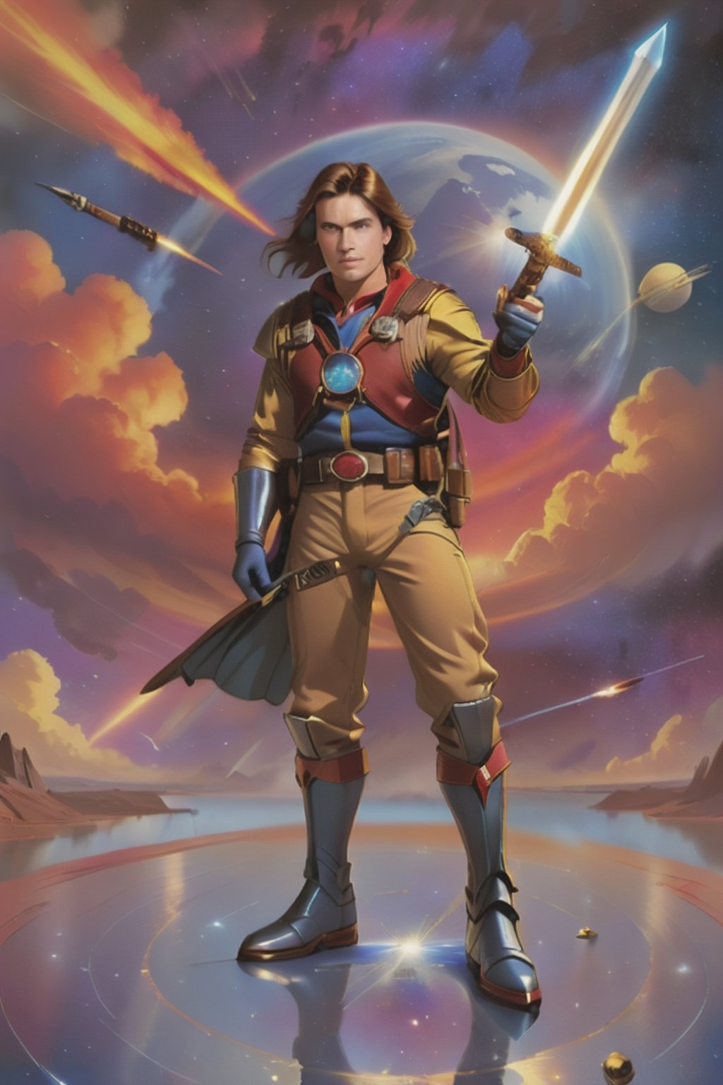 {{potrait of Sam J. Jones dressed a space hero}}, heroic pose, {{holding space sword}}, rocket ships, {{red and yellow clouded sky background}},High detailed ,EpicArt,Color magic,DonMG414 ,HZ Steampunk,Sci-fi 