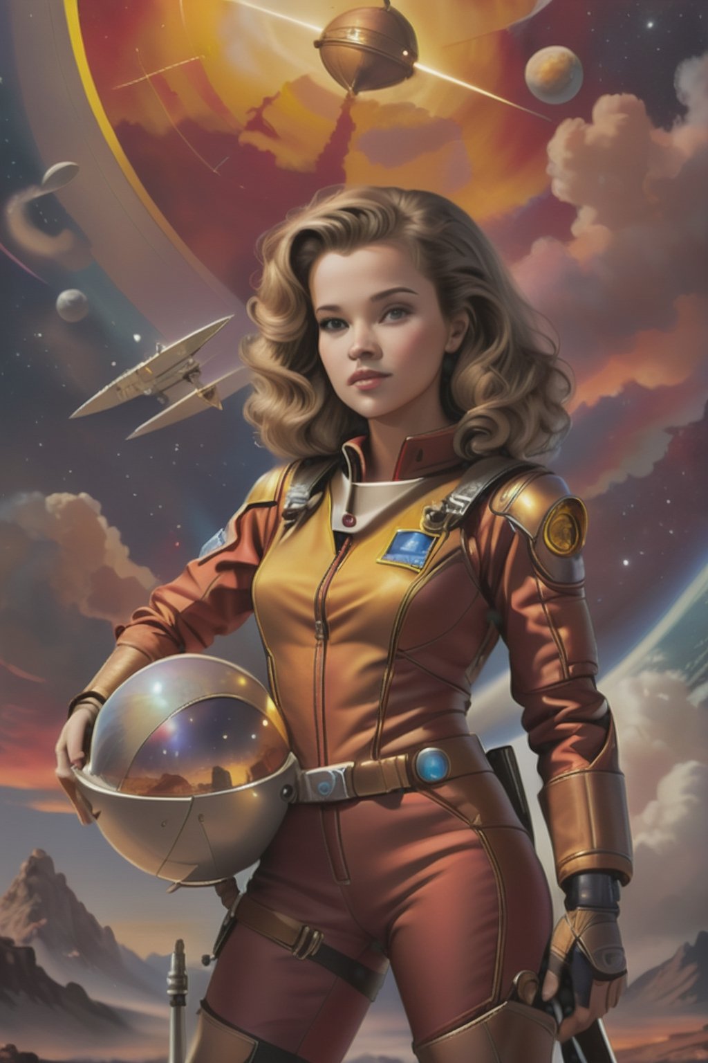 {{portrait of 25 year old Melody Anderson dressed a space explorer}}, brown curly hair, heroic pose, {{holding space spear}}, rocket ships, {{red and yellow clouded sky background}},arcane