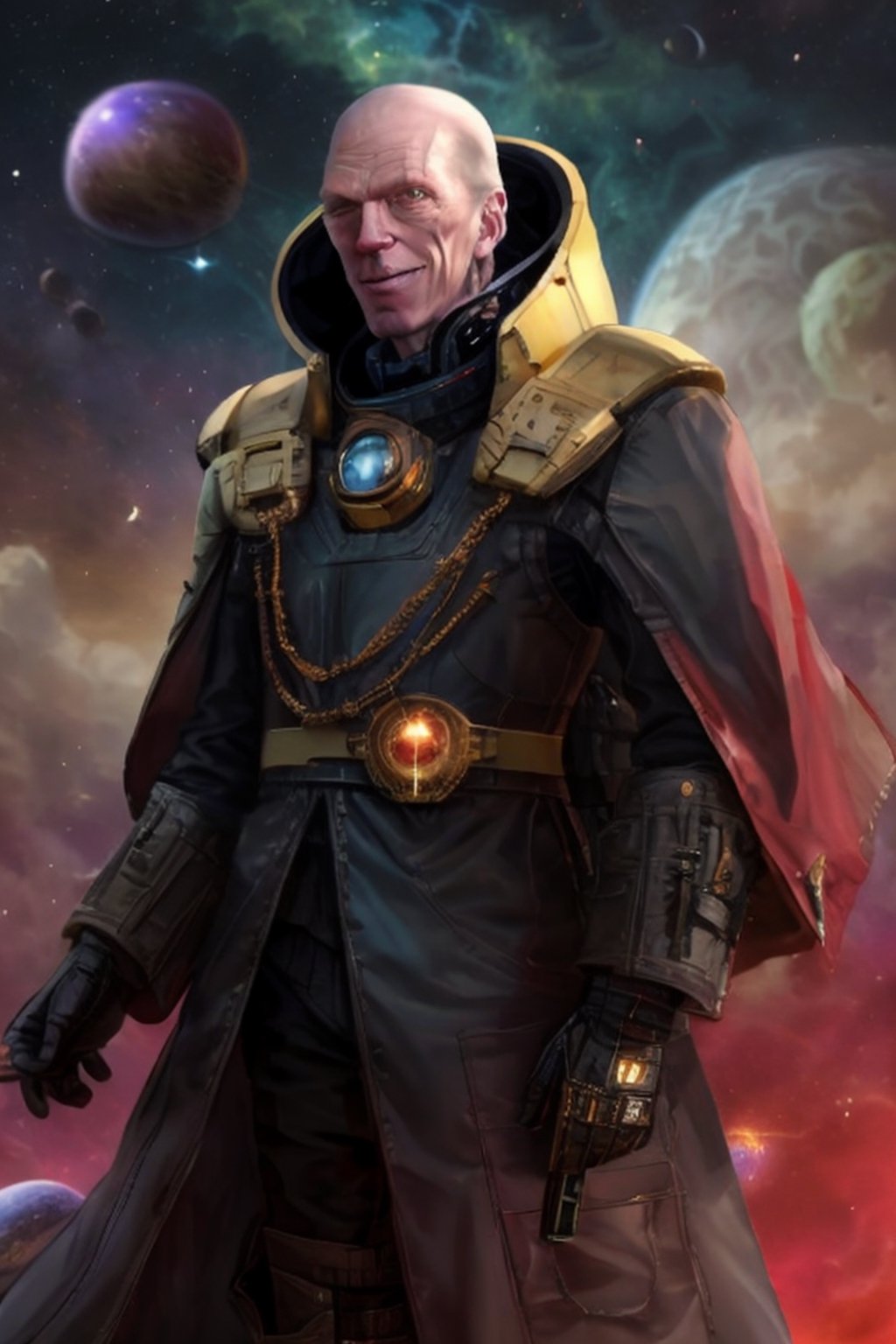 {{portrait of Max von Sydow dressed a space conquerer}}, bald, villain pose, evil smirk, {{holding space rifle}}, enemy rocket ships, {{red and yellow clouded sky background}},DonMC3l3st14l3xpl0r3rsXL,perfecteyes