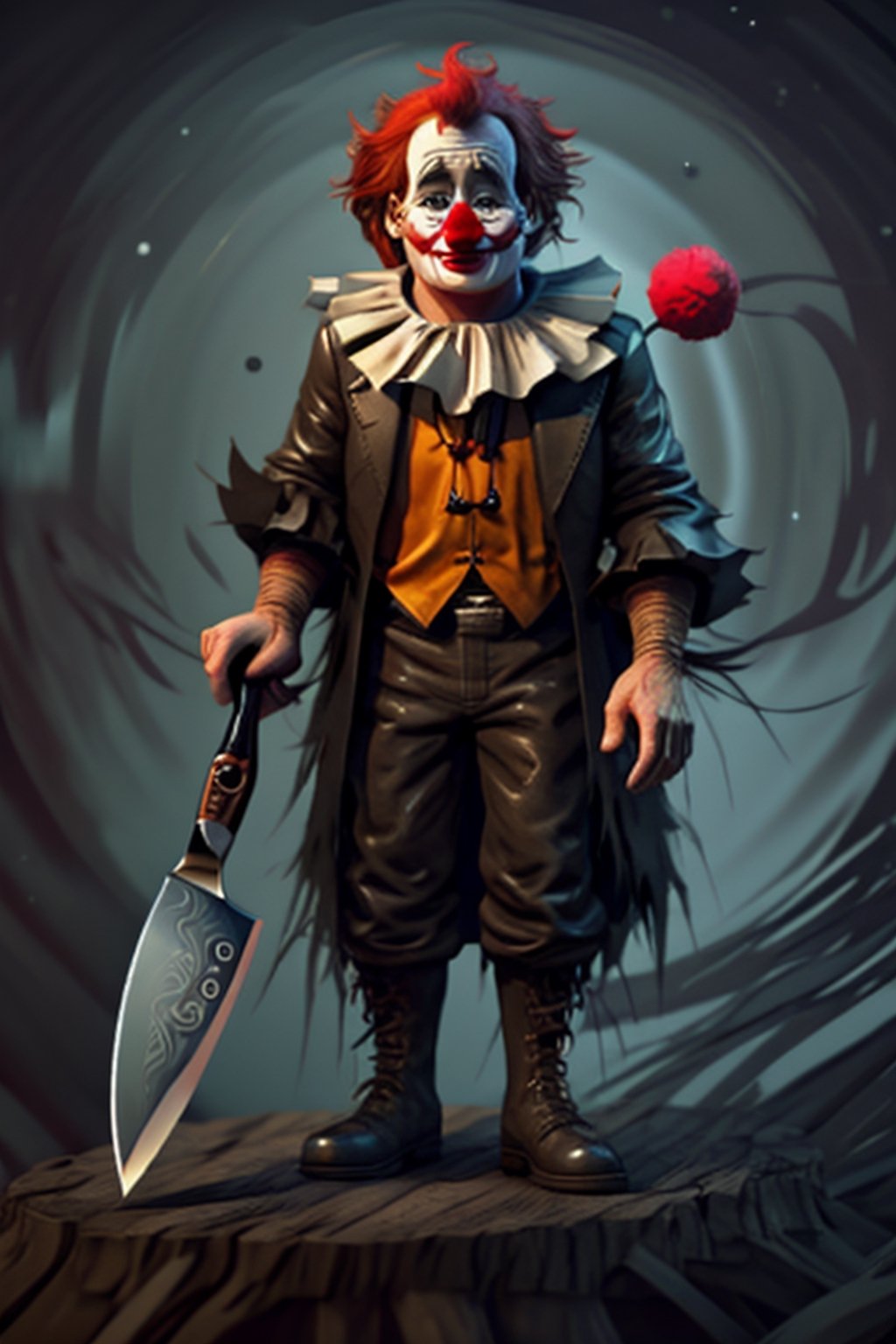 Robin Williams, dressed as an evil ragged clown, holding knife,High detailed ,perfecteyes,3DMM,Leonardo,Circle