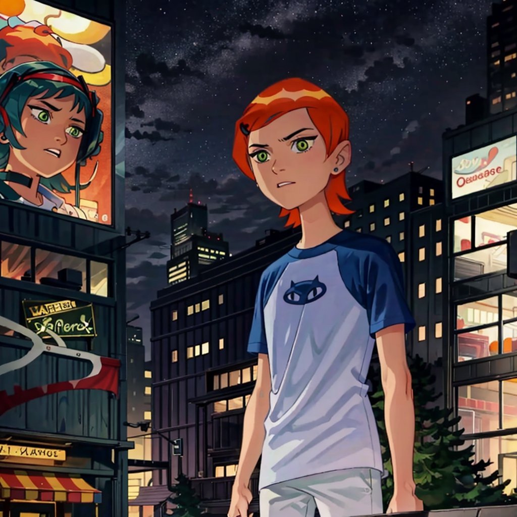 ((masterpiece)), ((More_Detail)), 1girl, solo, orange hair, green eyes, big city.