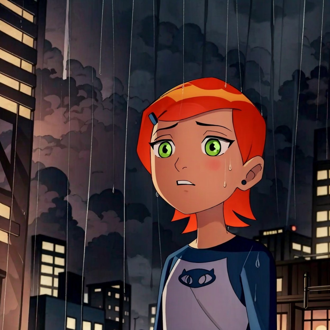 ((masterpiece)), ((better_quality)), ((More_Detail)), 1girl, solo, short hair, orange hair, green eyes, full_body, looking up, rain, city.