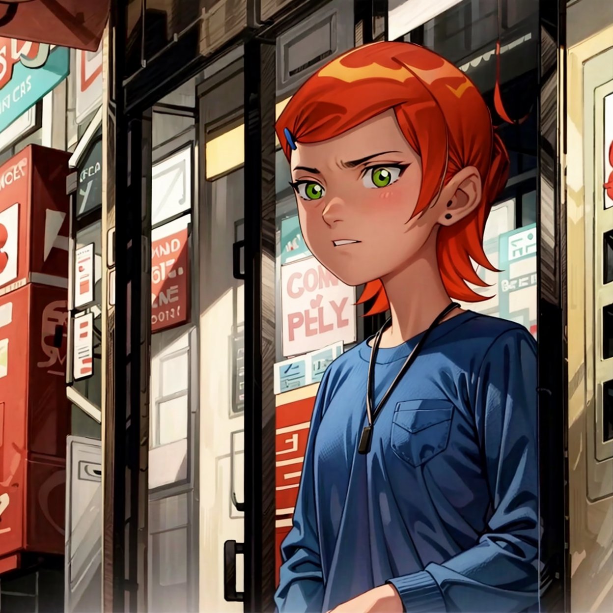 ((masterpiece)), ((More_Detail)), 1girl, solo, orange hair, green eyes, big city.