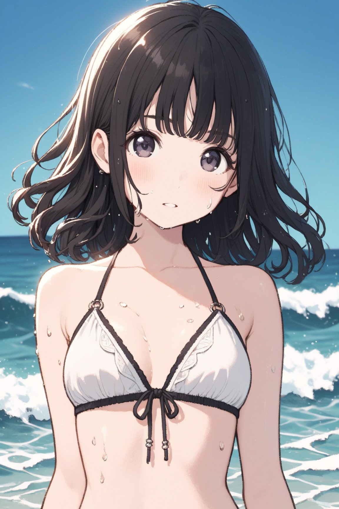 film grain, blue sky, white cloud, lens flare, ultra details lighting and shadow, waves foreground, 1girl, bikini, black hair, wet hair, sweat on the face, low-body in the sea, bright sea, Coral reef, upper body, look viewer, cutepainting, Bing girl,