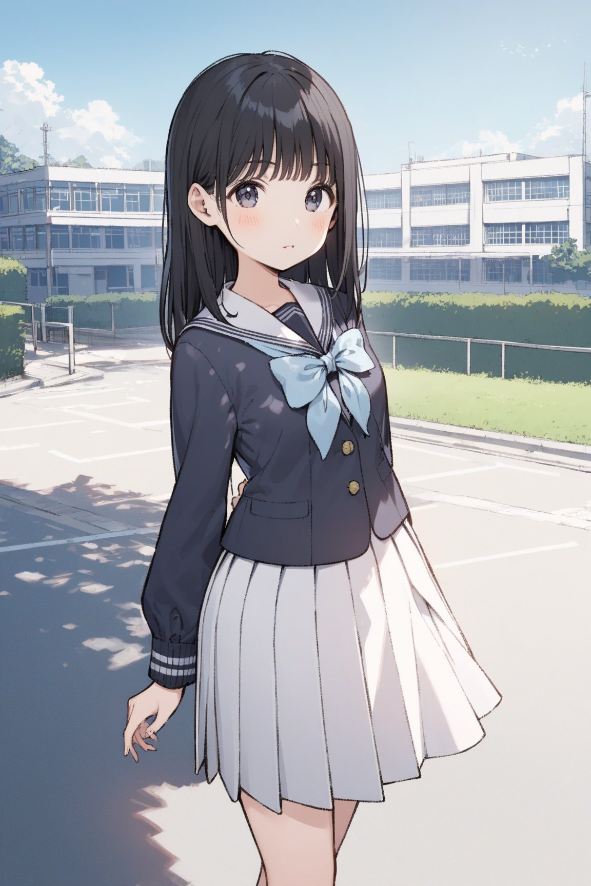 girl, black hair, school uniform, look at viewer, outdoors, school background,