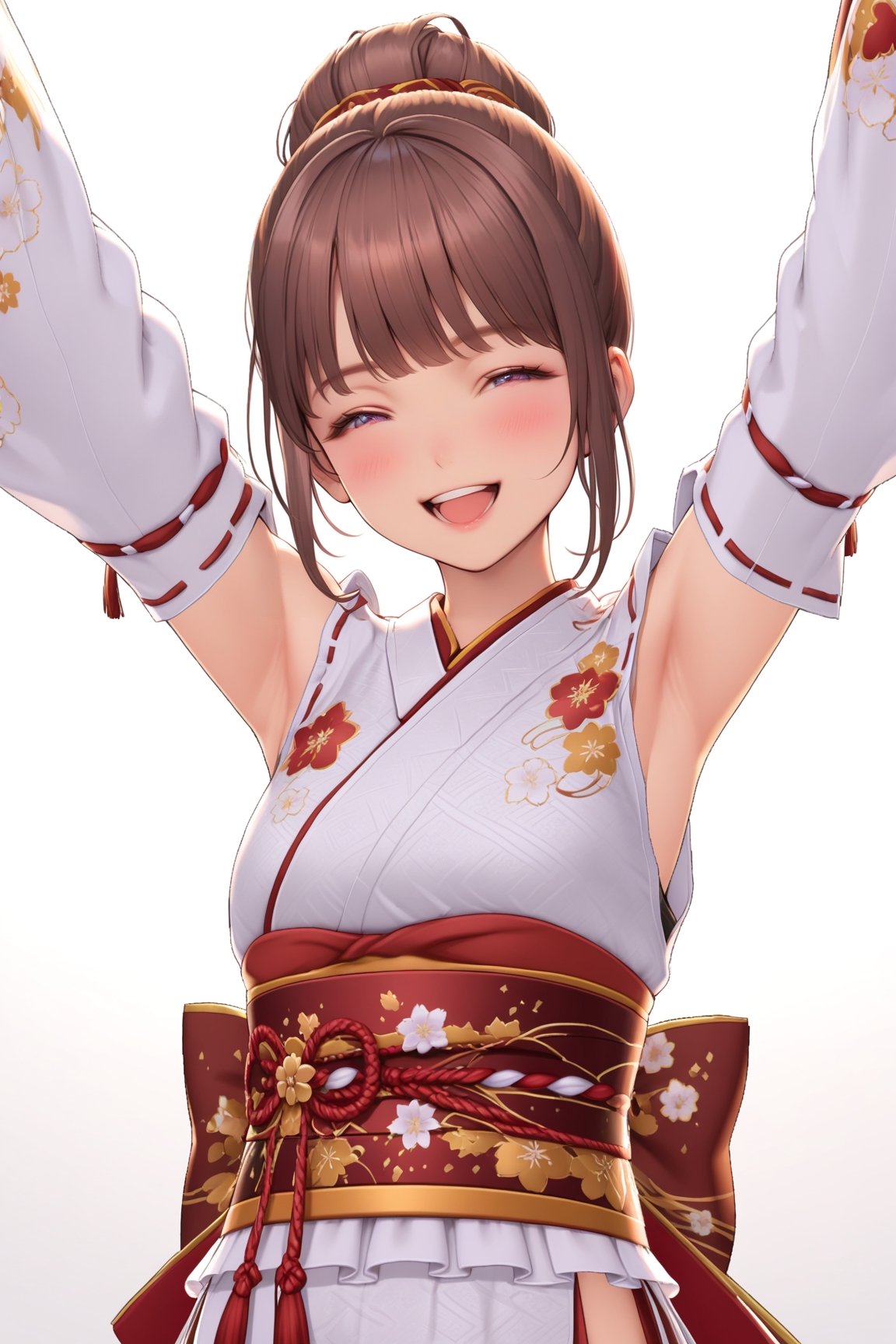 Solo, Examplelora, masterpiece, upper body, brown hair, bangs, white background, dancing, happy, rde skirt, white kimono, detached sleeves, sash, long sleeves, obi, floral print, ribbon trim, wild sleeves