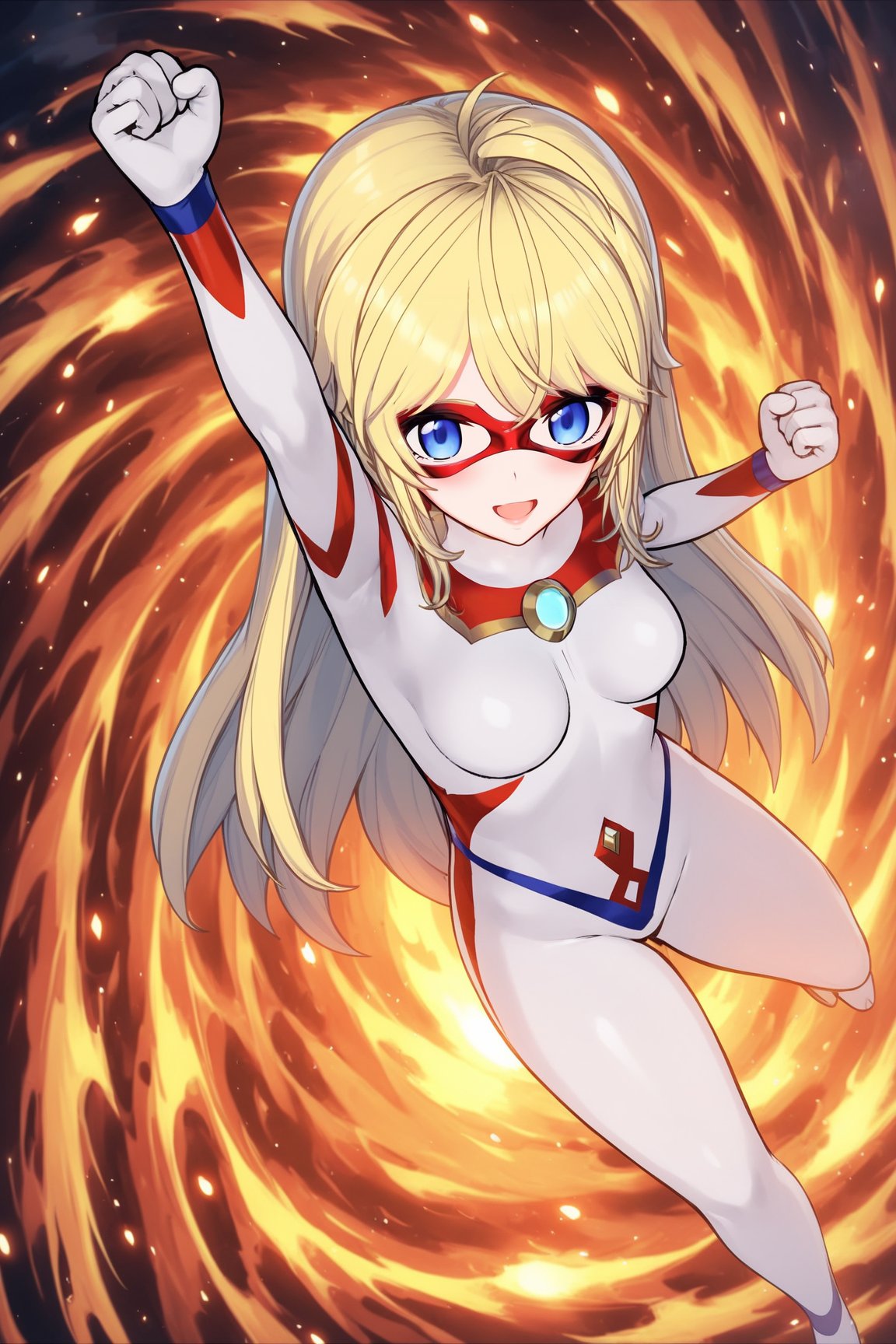 ultragirl freya, white bodysuit, fire, arm up, clenched hands, open mouth, from above