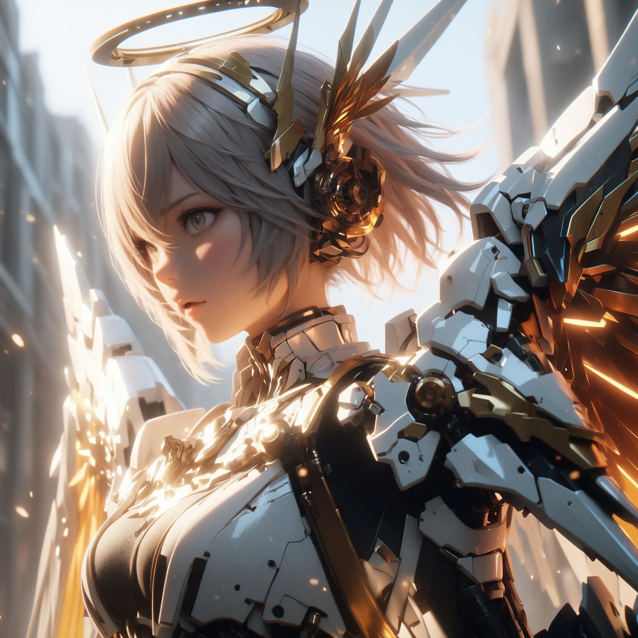 1 girl, upper body, mechanical halo, mechanical wings, official alternate costume, headgear