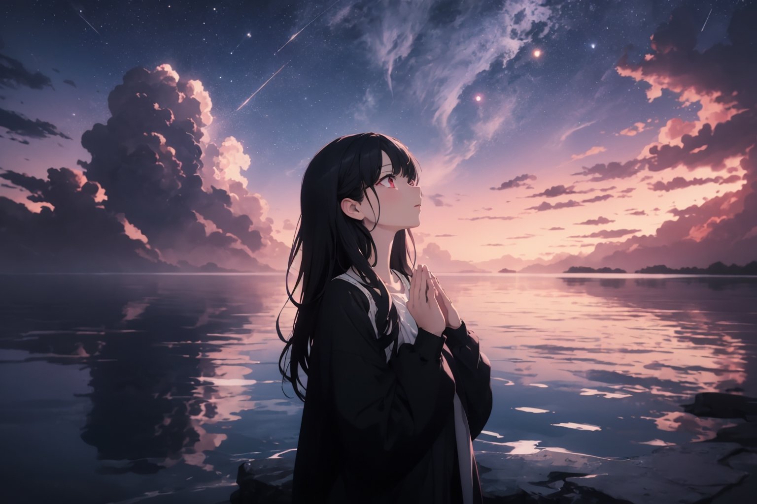 1woman(black hair, red eyes), absurdres, highres, ultra detailed, (1girl:1.3),BREAK, infrared photography, otherworldly hues, surreal landscapes, unseen light, ethereal glow, vibrant colors, ghostly effect,Marin Kitagawa,kitagawa marin sb,

more than half of the composition is empty,{{{beautiful clouds}}},dawn sea,calm sea,pink and purple,scattered stars,beautiful scene,

"An image of a girl with her own hands together in prayer, looking upwards."