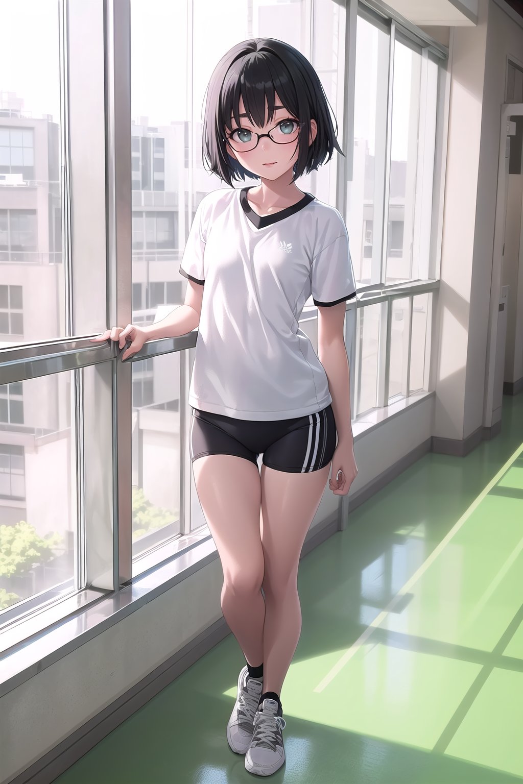 SFW, gym uniform, (buruma:1.5), (white:1.4) sneakers, light green accent, (black:1.4) hair, short bob, (flat chest:1.1), standing, smile, thin eyeblow, black eyes, green round glasses, head tilt, 

score_9, score_8_up, score_7_up,source_anime,rating_explicit,masterpiece,((best quality, 8k, ultra-detailed)),cg,perfect anatomy,(solo:1.4),1girl, 18yo, full body,taiikukan,rouka, reflective floor, window