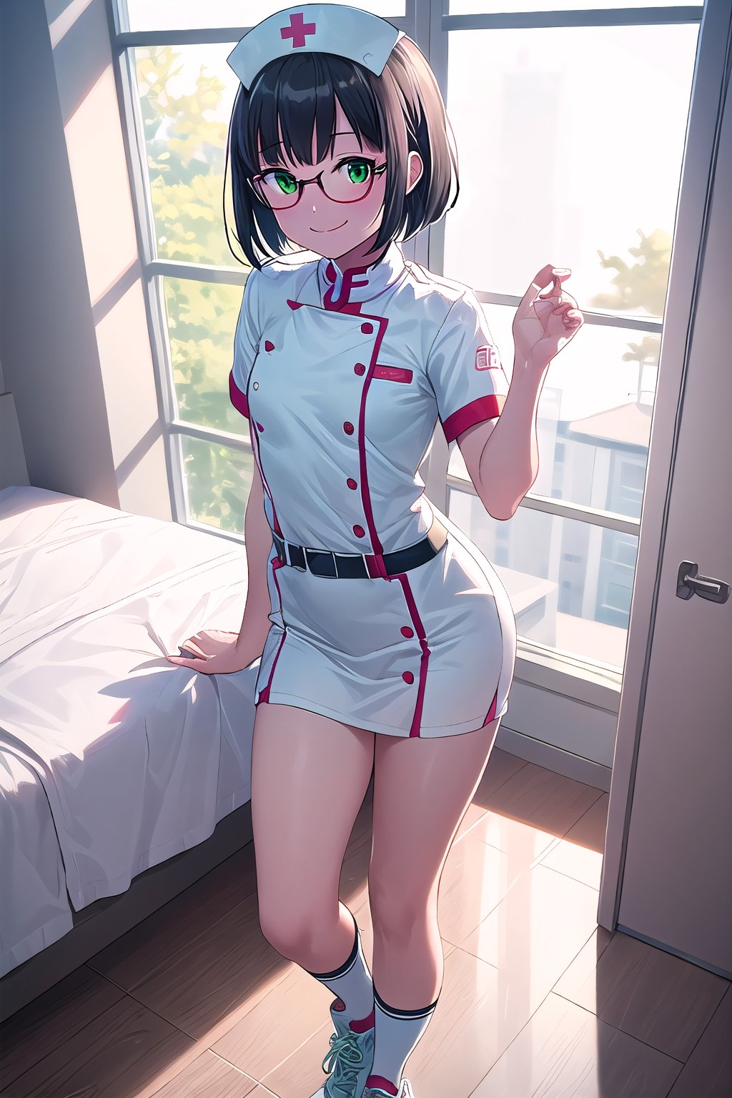 sfw,Loli small, nurse, white nurse uniform, light green accent, black short bob, flat chest, standing front bed, raised one leg on bed, smile, green eyes, round glasses, thigh high light green striped socks,  white CONVERSE sneakers, 

score_9, score_8_up, score_7_up,source_anime,rating_explicit,masterpiece,((best quality, 8k, ultra-detailed)),cg,perfect anatomy,(solo:1.4),1girl, 