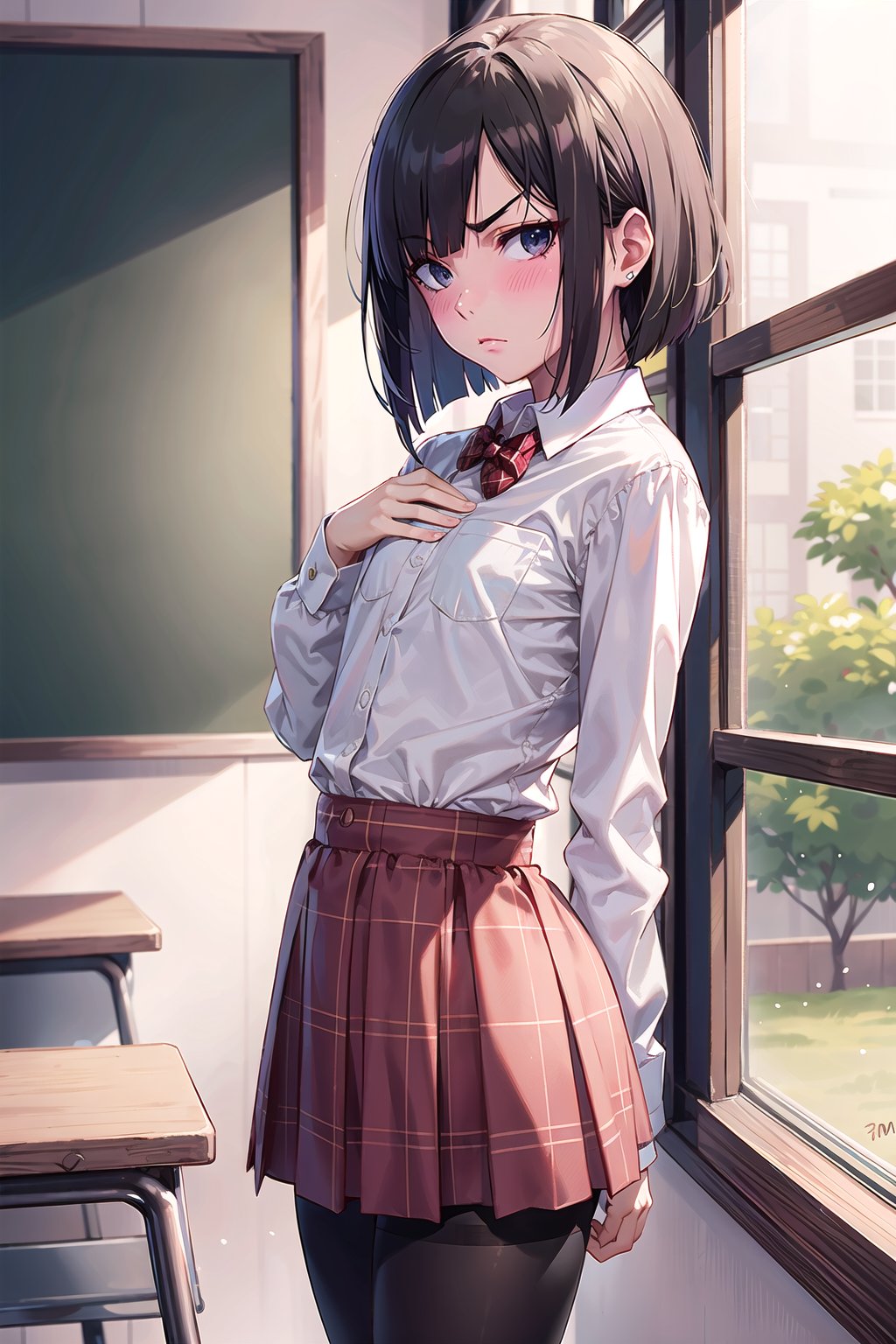 (SFW:1.6), (masterpiece, best quality, awesome extremely realistic, high resolution:1.3), 1girl, solo, Japanese, 17yo, BREAK (black short bob, straight hair:1.4), bangs, (hair over left eye:1.6), (tsurime:2.1), (very thin eyes:1.4), closed mouth, BREAK (disdain, contempt:1.7), (blush:1.4), (flat chest:1.7),  BREAK from side, school uniform, (red plaid bow:1.4), (round collared cutter shirt:1.6), (red plaid midi skirt:1.6), (black pantyhose, 20 denier:1.6), brown loafers, BREAK standing, right hand on chest, left hand on desk, unmoving pattern,  kyoushitsu, school chair, school desk, chalkboard, window,