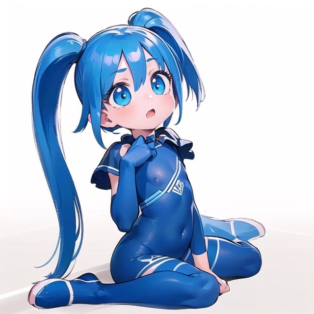  SFW, (masterpiece, best quality, awesome extremely realistic, high resolution, 8K:1.3), (1girl, tiny:1.8), highres, blue twintales, (flat chest:1.8), from front, sitting on floor,  looking away, simple background, right hand on cheek, 