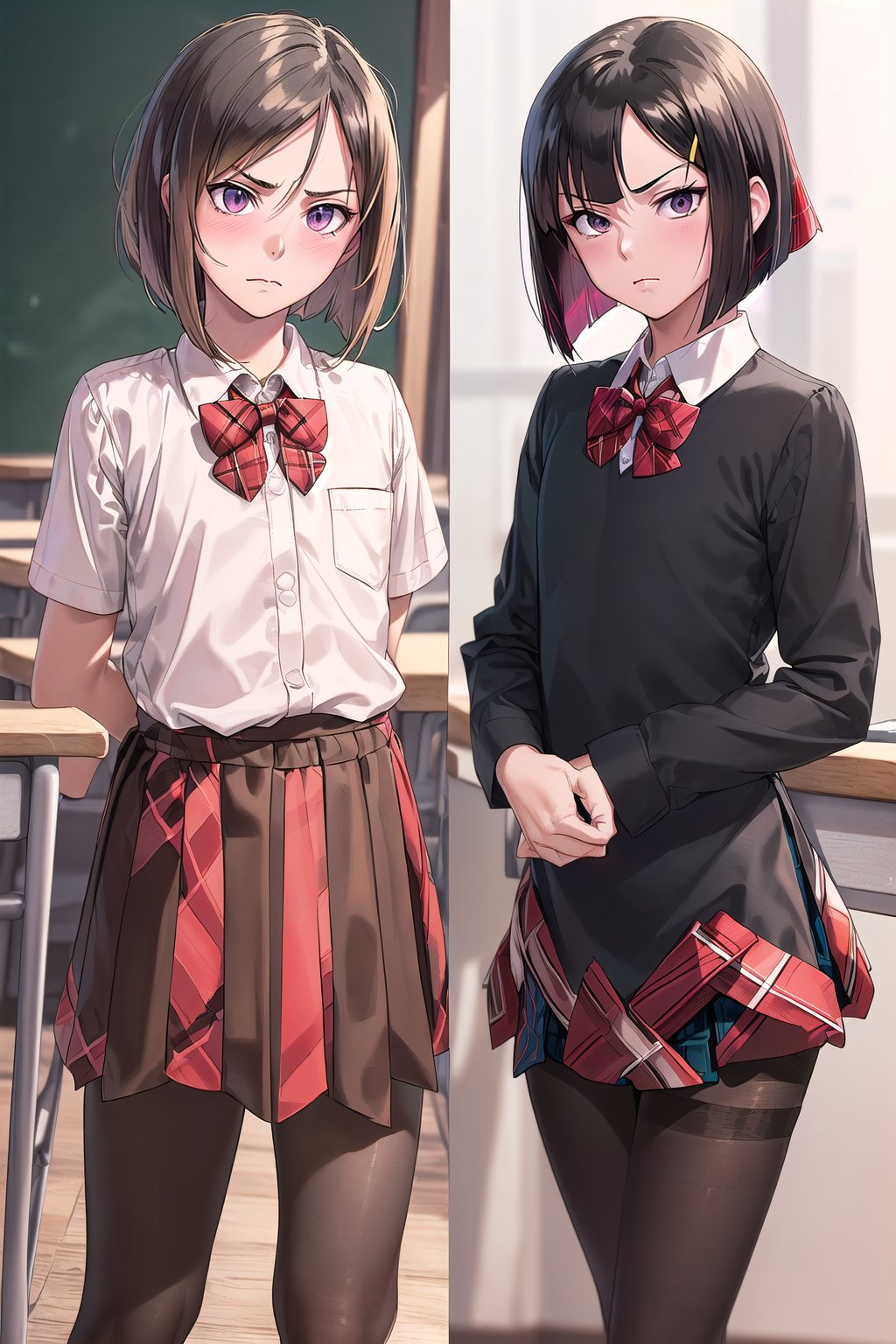 (SFW:1.6), (masterpiece, best quality, awesome extremely realistic, high resolution:1.3), 
1girl, solo, Japanese, 17yo, 
BREAK (black short bob, straight hair:1.4), bangs, (hair over left eye:1.6), (tsurime:2.1), (very thin eyes:1.4), closed mouth, 
BREAK (disdain, contempt:1.7), (blush:1.4), (flat chest:1.7),  
BREAK from side, school uniform, (red plaid bow:1.4), (round collared cutter shirt:1.6), (red plaid midi skirt:1.6), (black pantyhose, 20 denier:1.6), brown loafers, 
BREAK standing, right hand on chest, left hand on desk, unmoving pattern, 
 kyoushitsu, school chair, school desk, chalkboard, window,